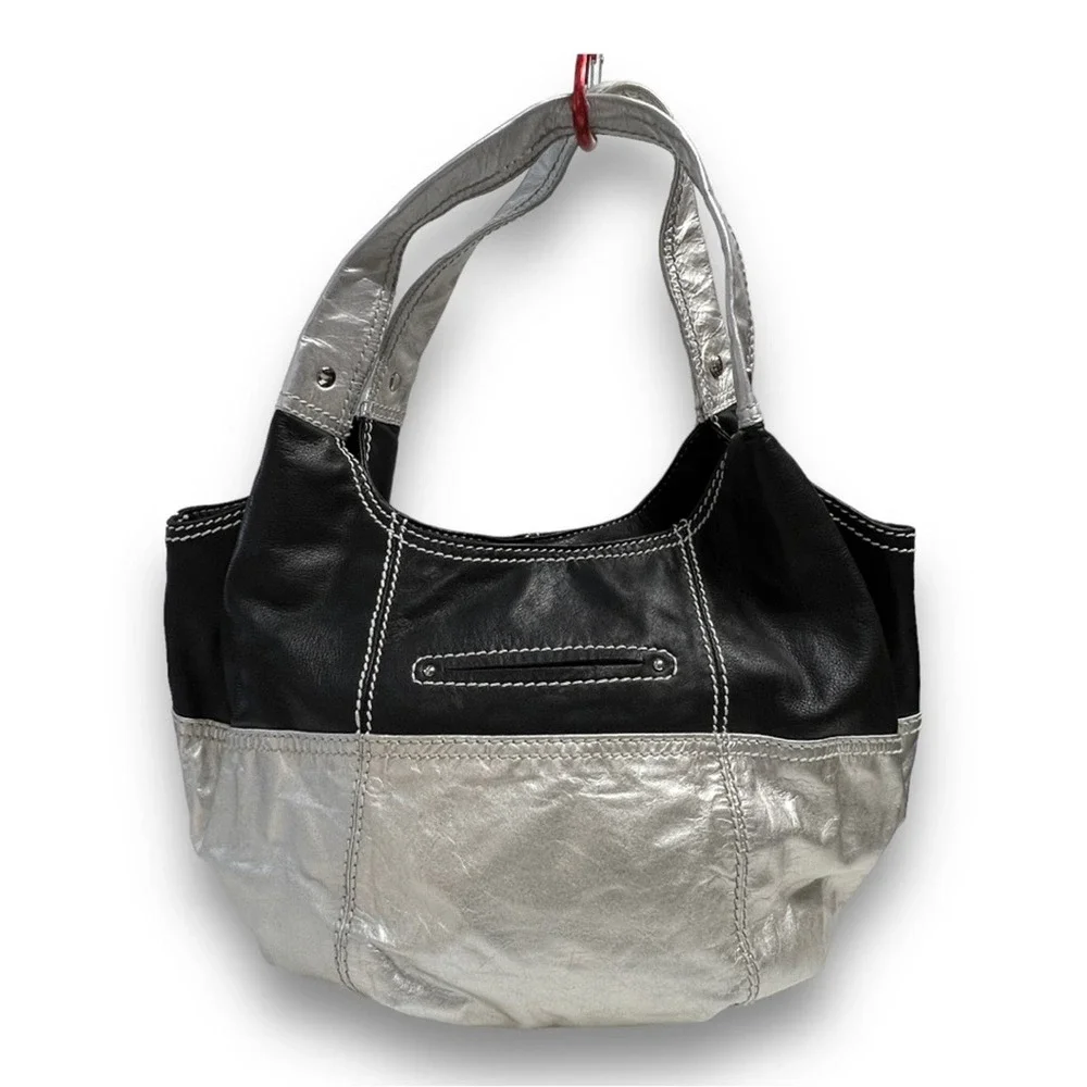 B. MAKOWSKY Vintage black silver leather hobo bucket bag with top stitching